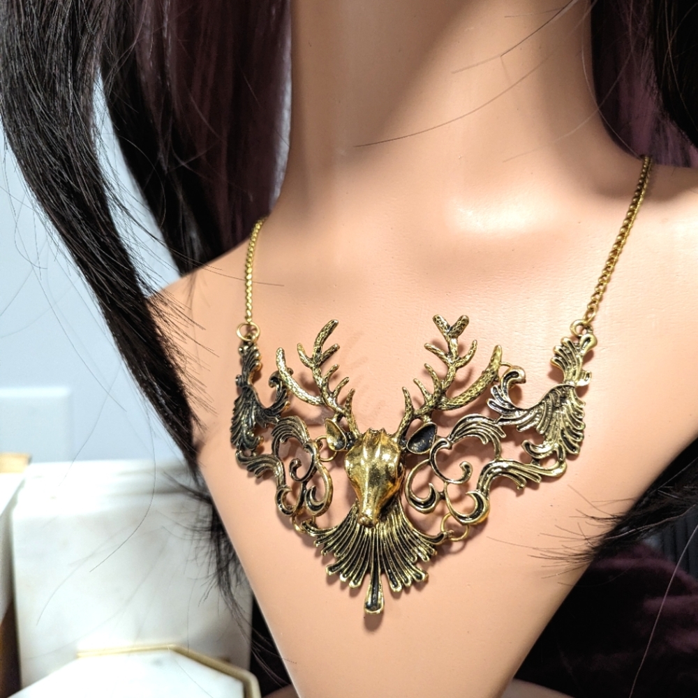 Stag Deer Filagree Statement Necklace